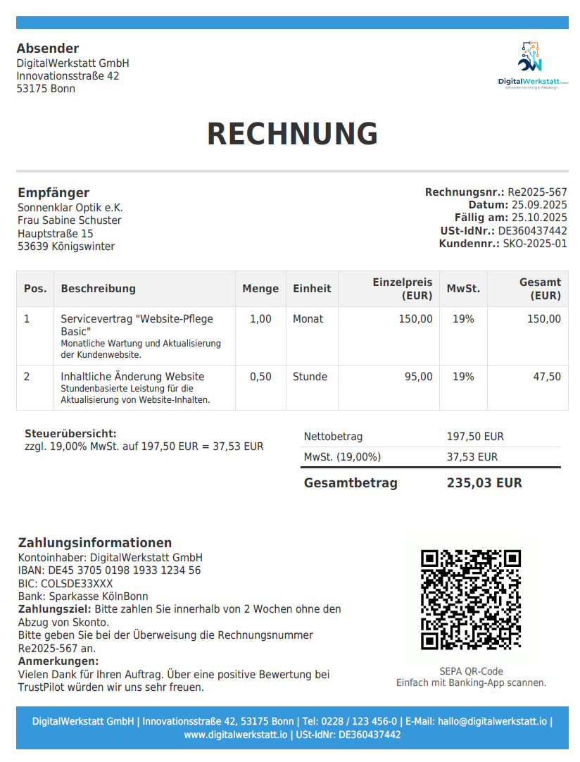 Billution Beispielrechnung mit SEPA QR-Code